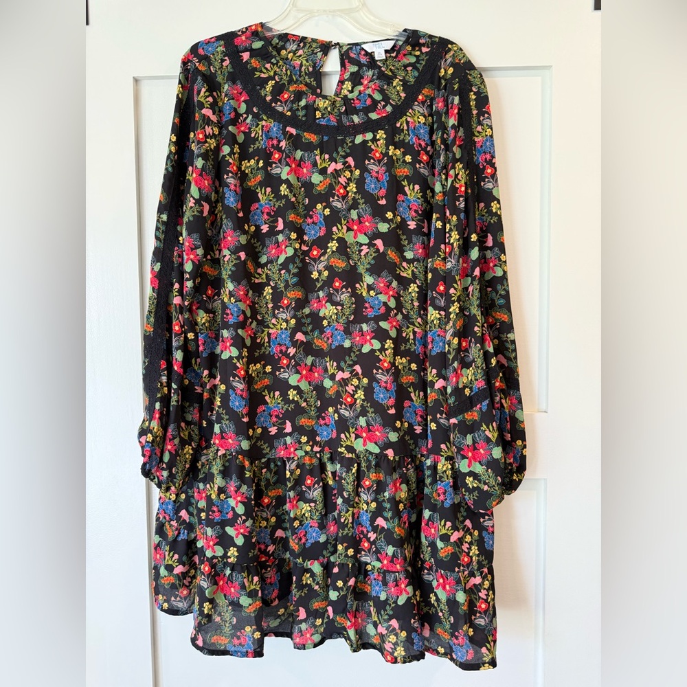 Floral Tiered Long-Sleeve Dress - Black with Multicolor Floral
